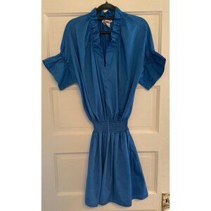 Finley. Blue Cinch/Ruched-Waist Dress with Flare Sleeves and Pockets. Size M.